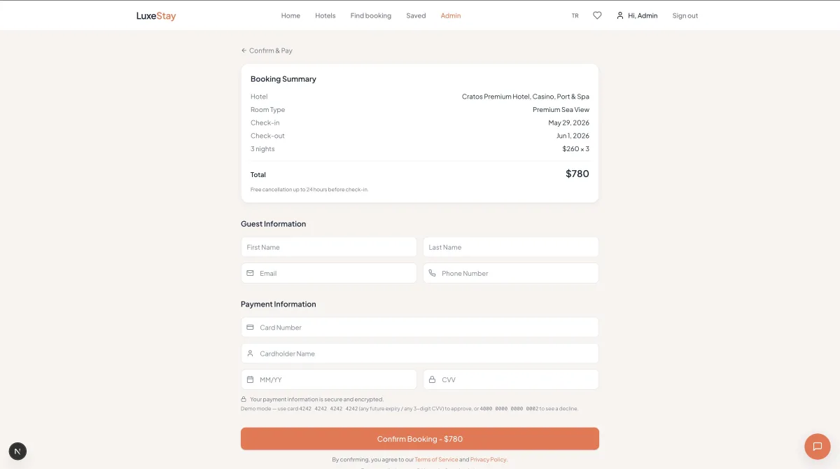 LuxeStay confirm-and-pay page with booking summary and payment form